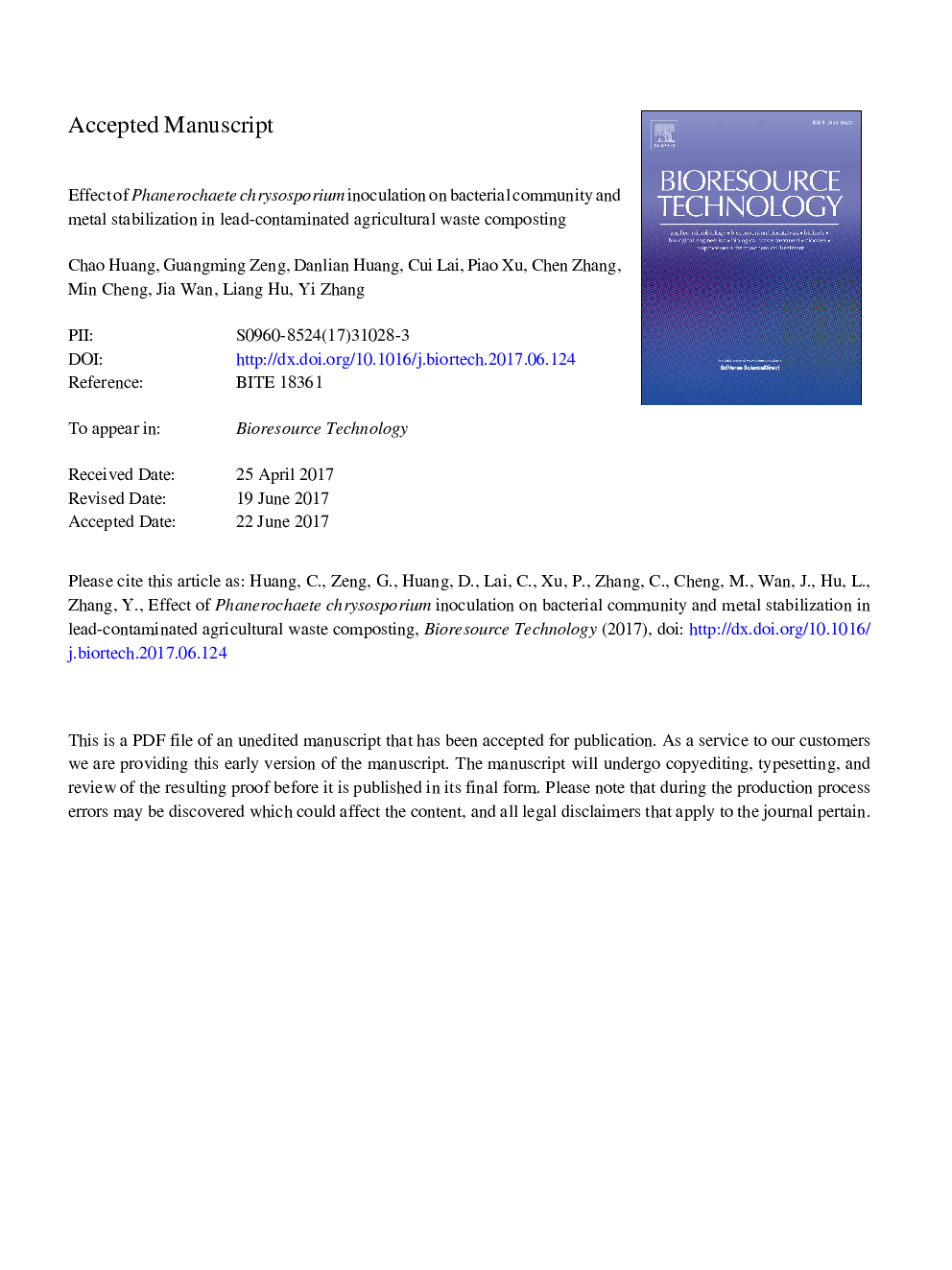 Effect of Phanerochaete chrysosporium inoculation on bacterial community and metal stabilization in lead-contaminated agricultural waste composting