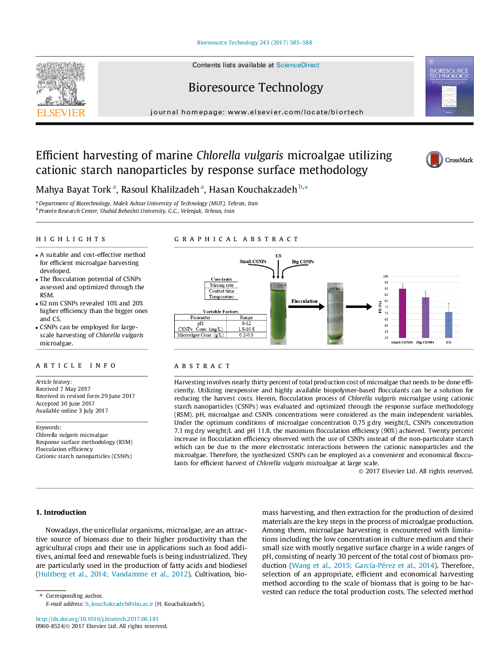 Efficient harvesting of marine Chlorella vulgaris microalgae utilizing cationic starch nanoparticles by response surface methodology