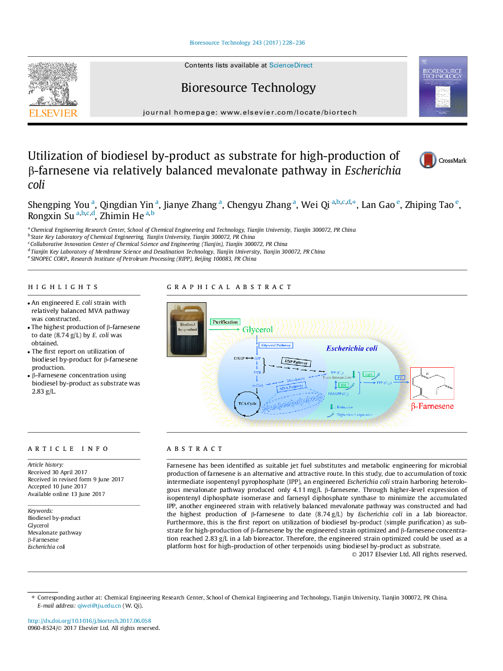 Utilization of biodiesel by-product as substrate for high-production of Î²-farnesene via relatively balanced mevalonate pathway in Escherichia coli