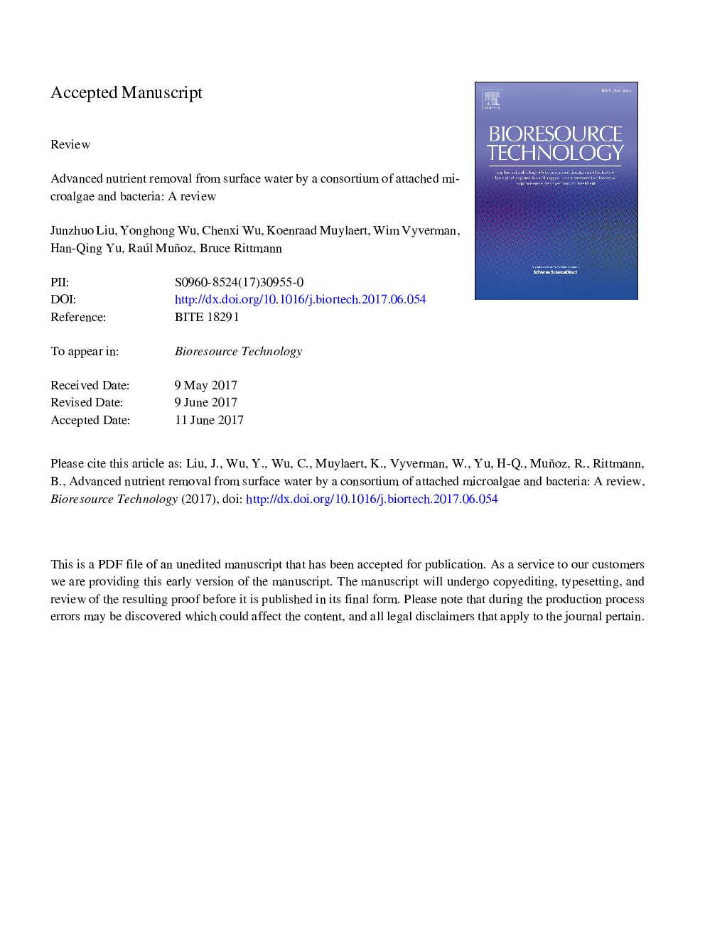 Advanced nutrient removal from surface water by a consortium of attached microalgae and bacteria: A review