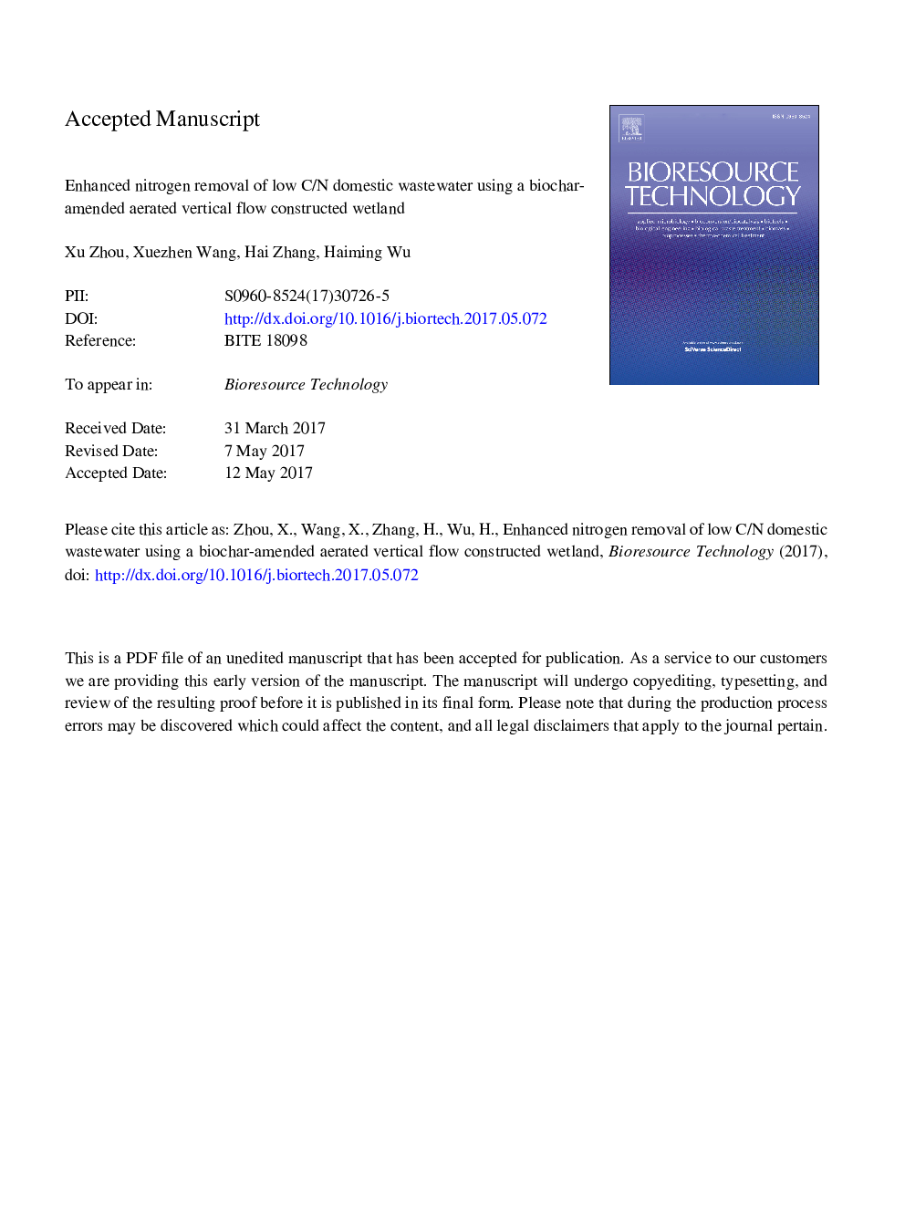 Enhanced nitrogen removal of low C/N domestic wastewater using a biochar-amended aerated vertical flow constructed wetland