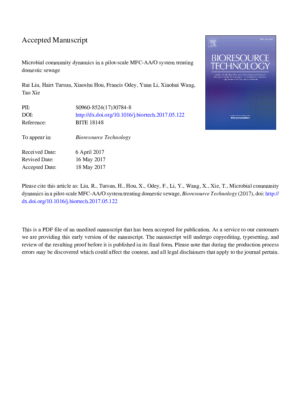 Microbial community dynamics in a pilot-scale MFC-AA/O system treating domestic sewage