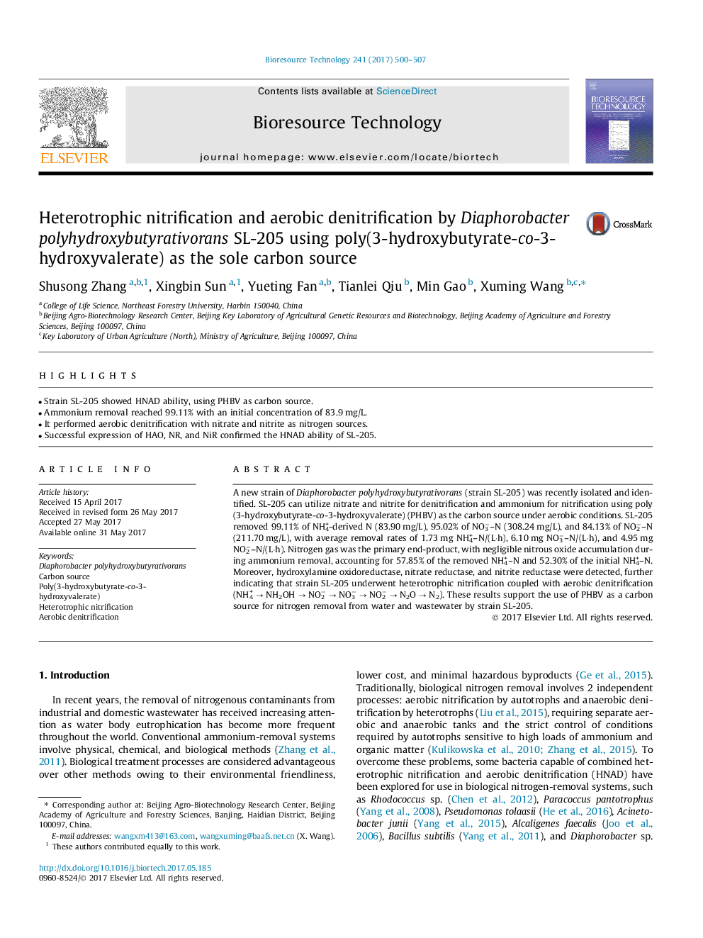 Heterotrophic nitrification and aerobic denitrification by Diaphorobacter polyhydroxybutyrativorans SL-205 using poly(3-hydroxybutyrate-co-3-hydroxyvalerate) as the sole carbon source