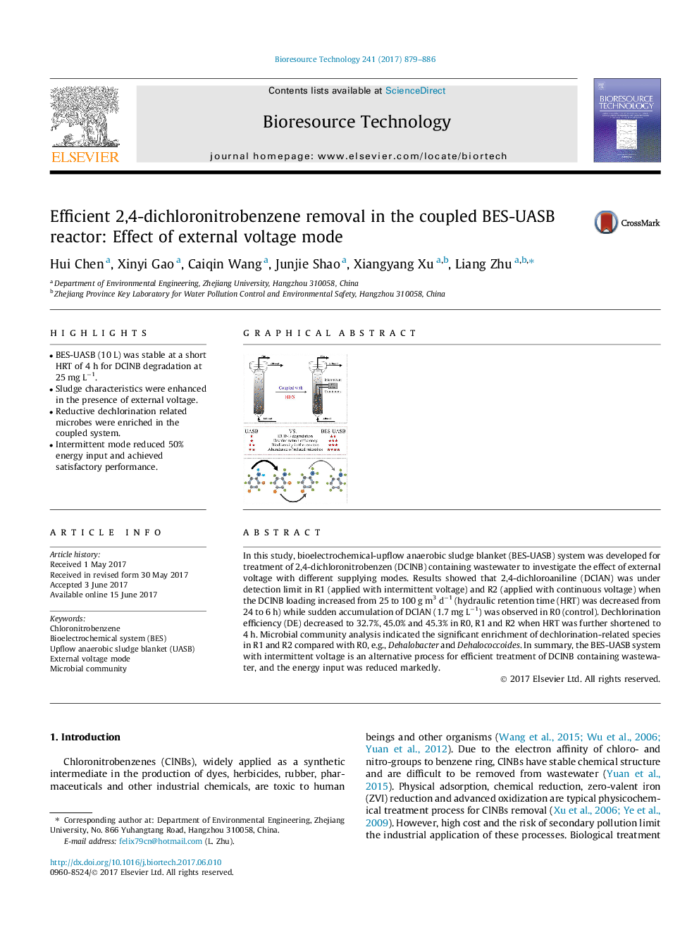 Efficient 2,4-dichloronitrobenzene removal in the coupled BES-UASB reactor: Effect of external voltage mode