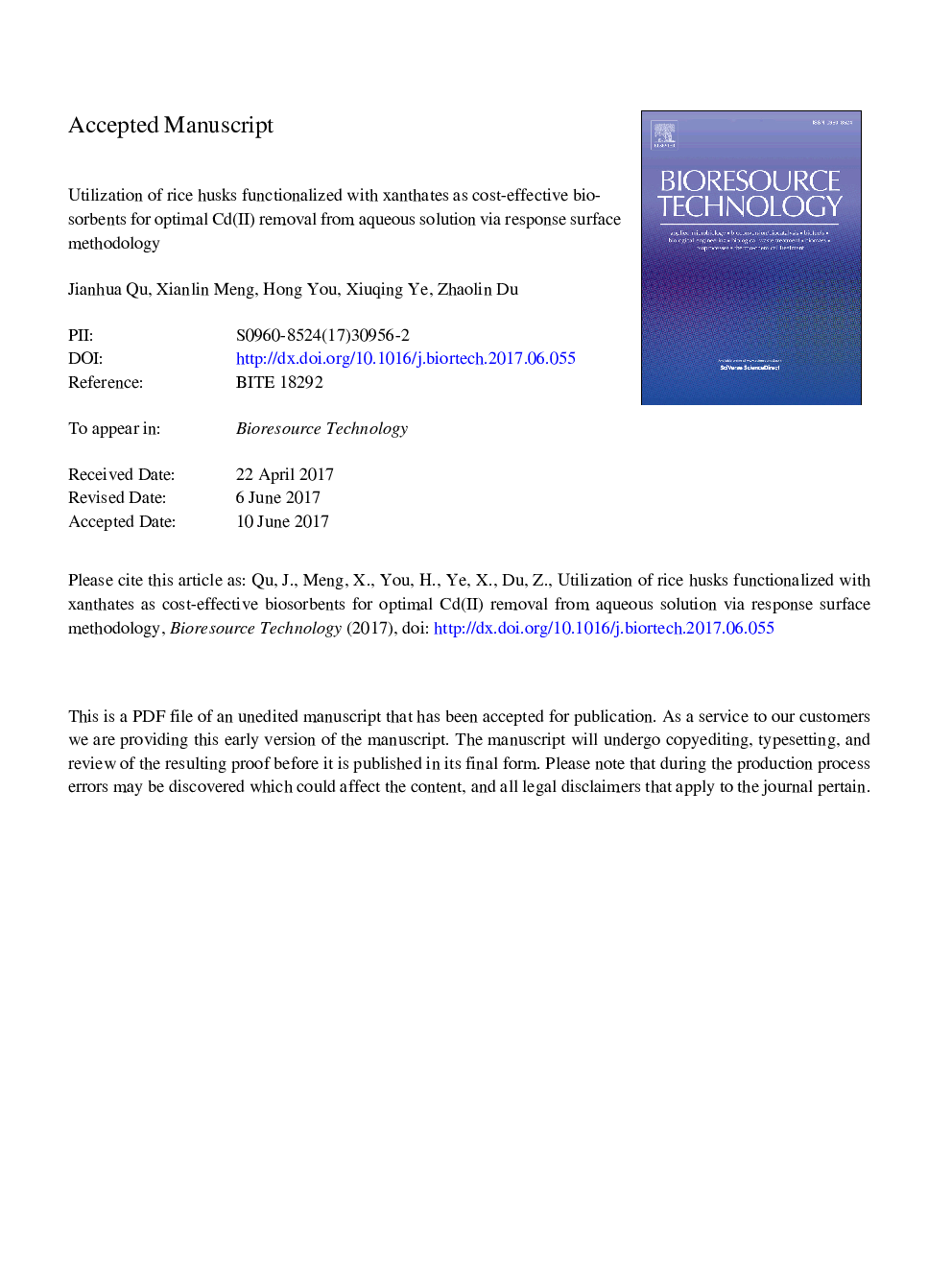 Utilization of rice husks functionalized with xanthates as cost-effective biosorbents for optimal Cd(II) removal from aqueous solution via response surface methodology