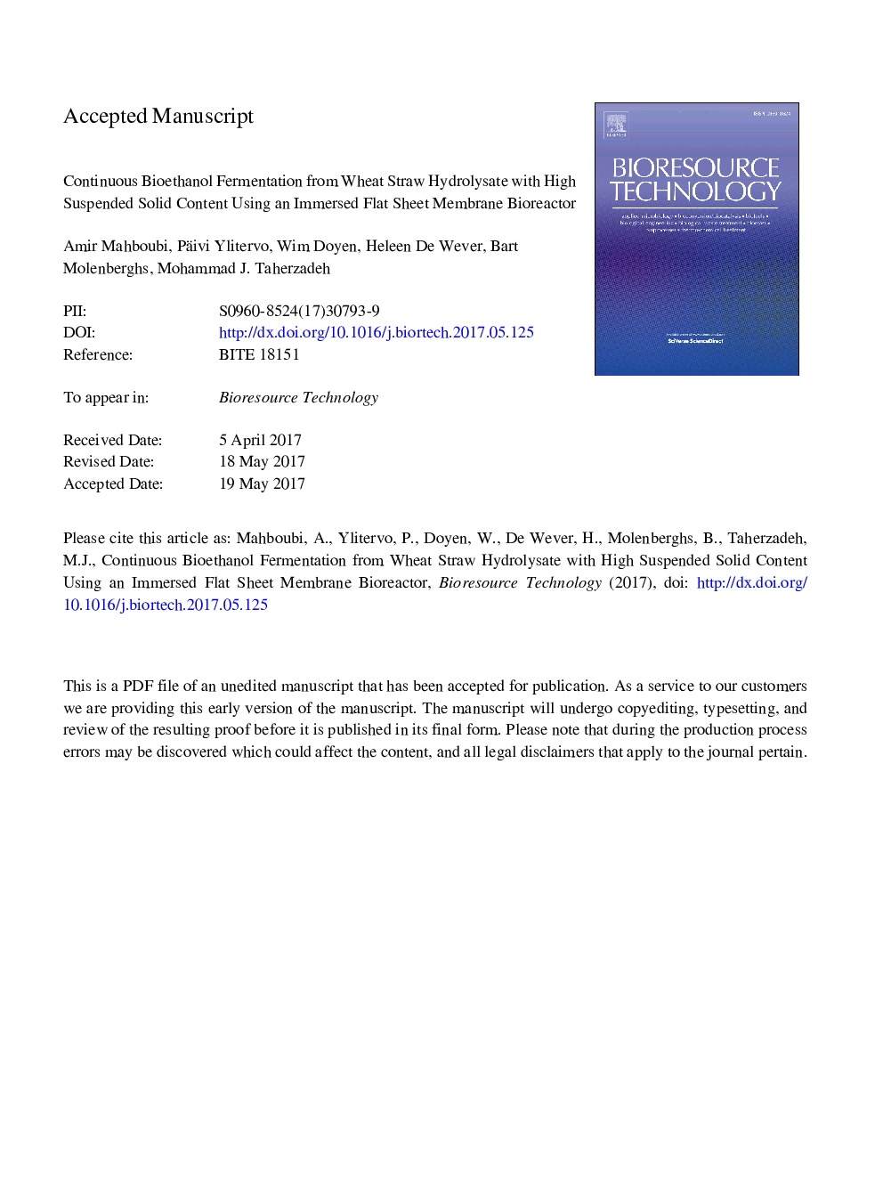 Continuous bioethanol fermentation from wheat straw hydrolysate with high suspended solid content using an immersed flat sheet membrane bioreactor