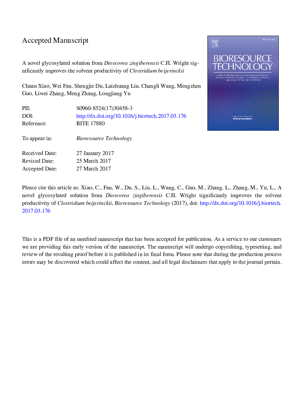 عکس صفحه اول مقاله: A novel glycosylated solution from Dioscorea zingiberensis C.H. Wright significantly improves the solvent productivity of Clostridium beijerinckii A novel glycosylated solution from Dioscorea zingiberensis C.H. Wright significantly improves the solvent productivity of Clostridium beijerinckii