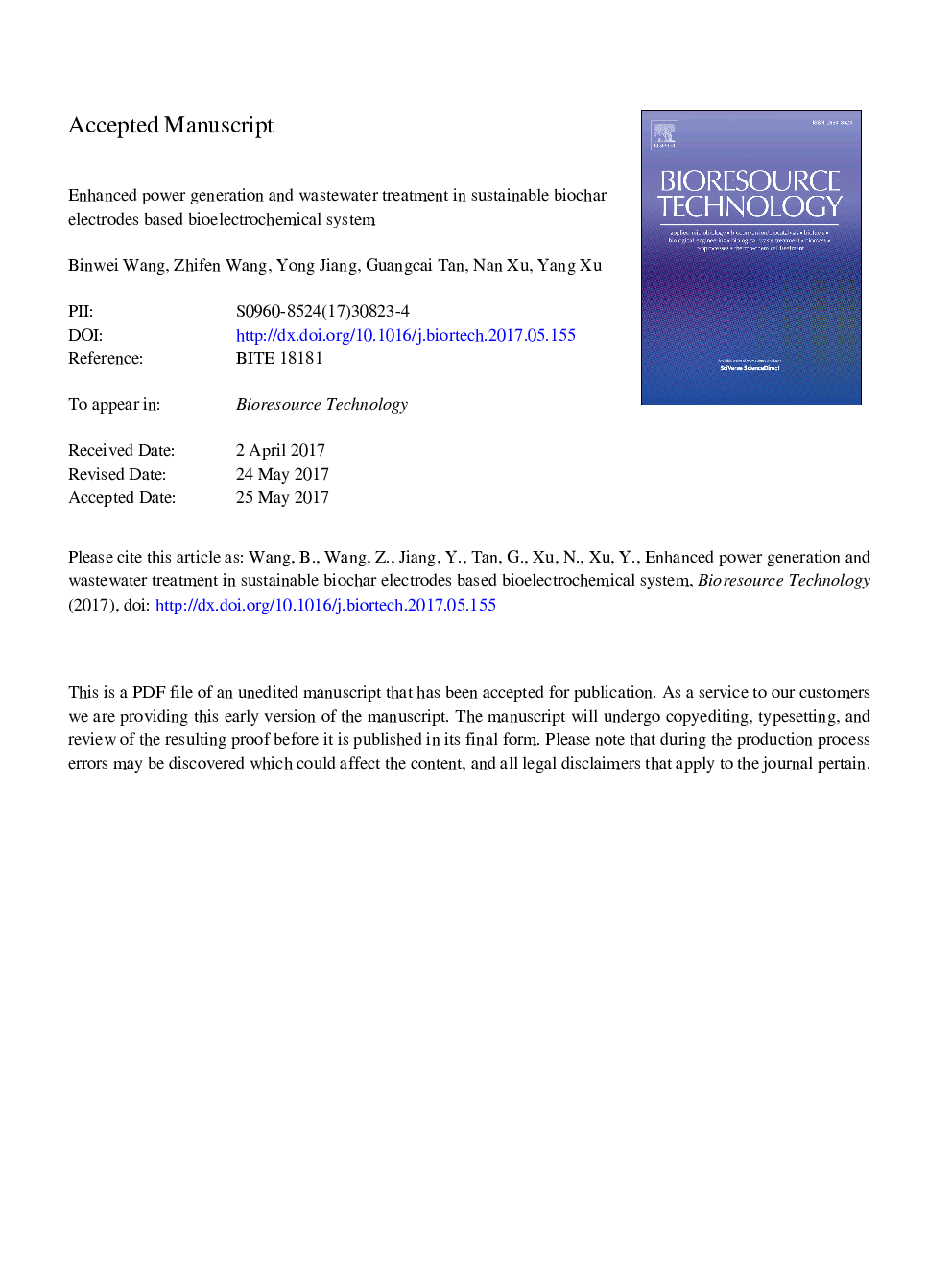 Enhanced power generation and wastewater treatment in sustainable biochar electrodes based bioelectrochemical system