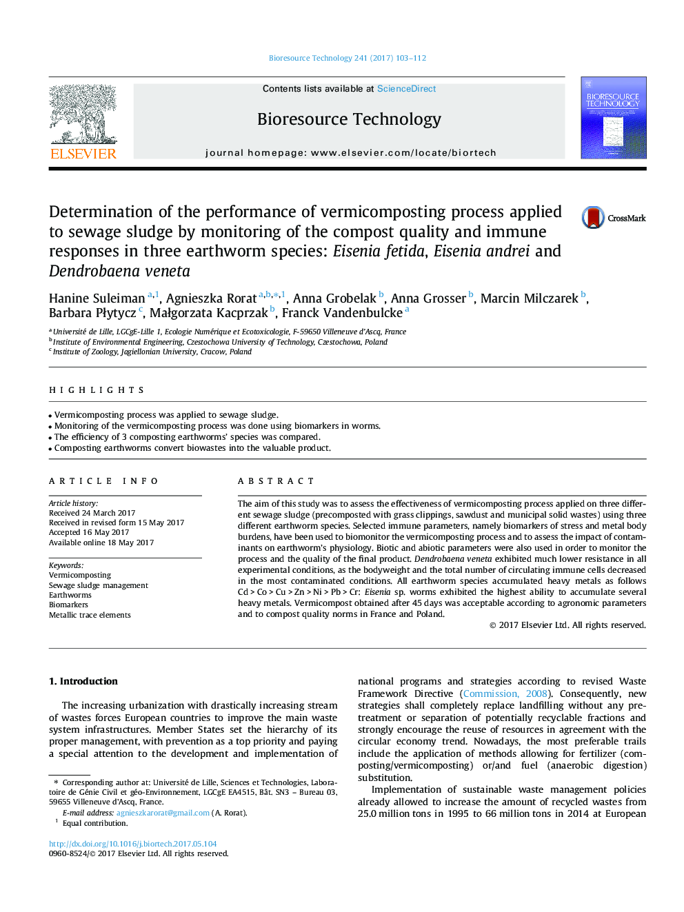 Determination of the performance of vermicomposting process applied to sewage sludge by monitoring of the compost quality and immune responses in three earthworm species: Eisenia fetida, Eisenia andrei and Dendrobaena veneta