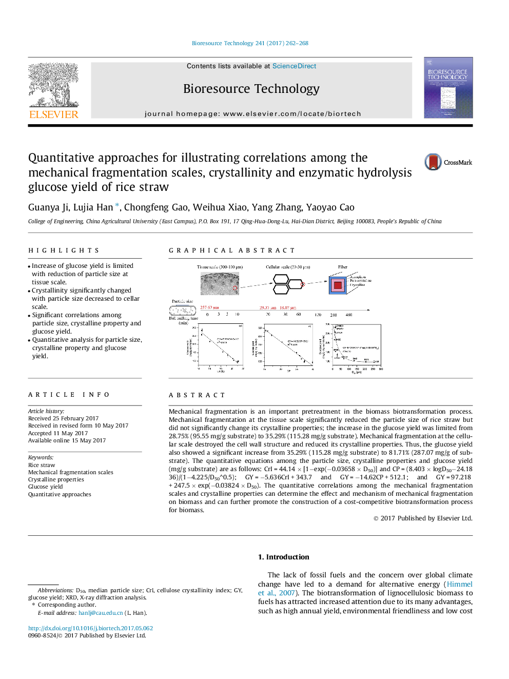 Quantitative approaches for illustrating correlations among the mechanical fragmentation scales, crystallinity and enzymatic hydrolysis glucose yield of rice straw