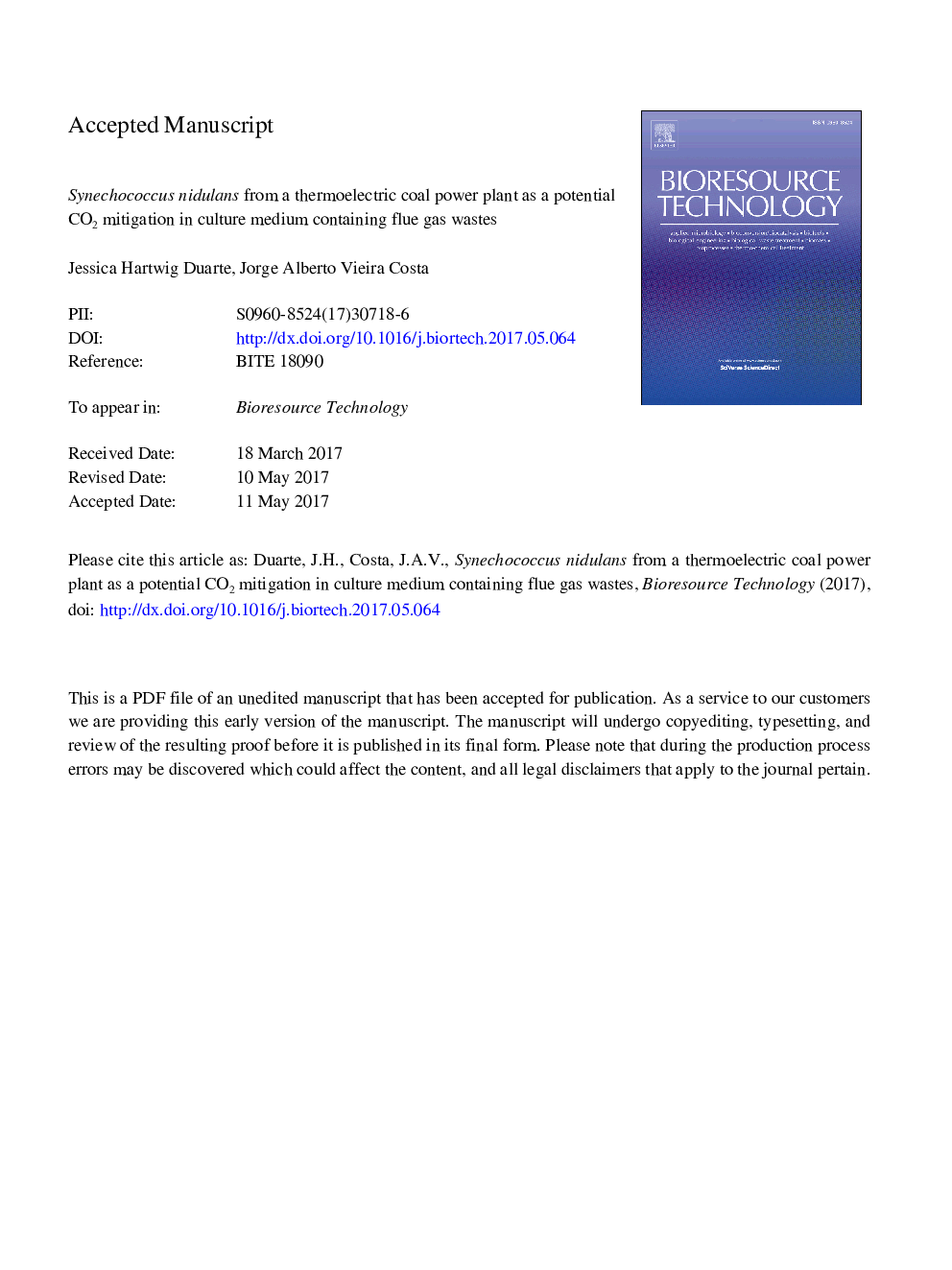 عکس صفحه اول مقاله: Synechococcus nidulans from a thermoelectric coal power plant as a potential CO2 mitigation in culture medium containing flue gas wastes Synechococcus nidulans from a thermoelectric coal power plant as a potential CO2 mitigation in culture medium containing flue gas wastes