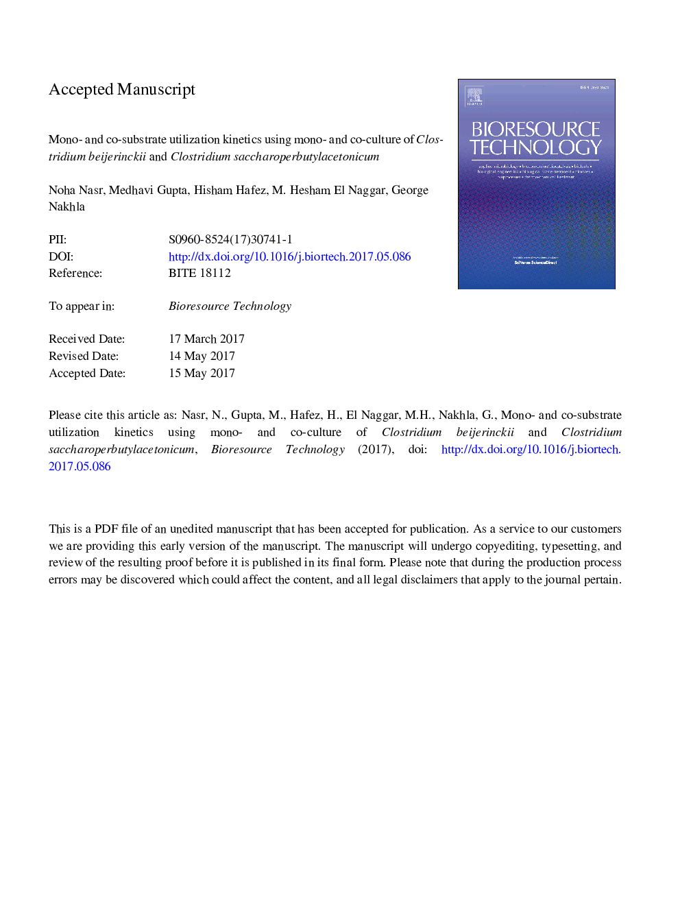 Mono- and co-substrate utilization kinetics using mono- and co-culture of Clostridium beijerinckii and Clostridium saccharoperbutylacetonicum