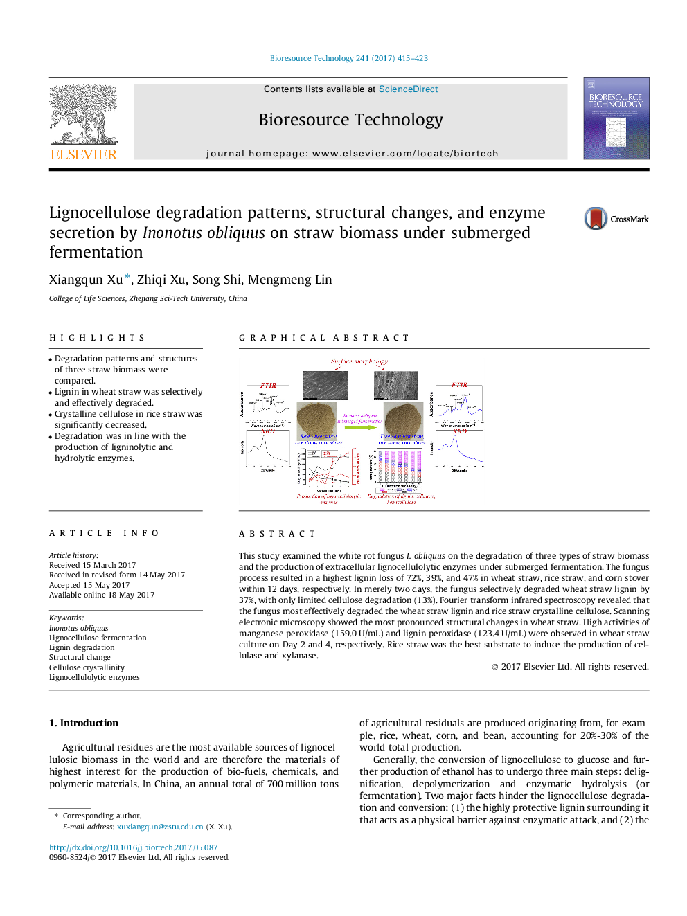 Lignocellulose degradation patterns, structural changes, and enzyme secretion by Inonotus obliquus on straw biomass under submerged fermentation