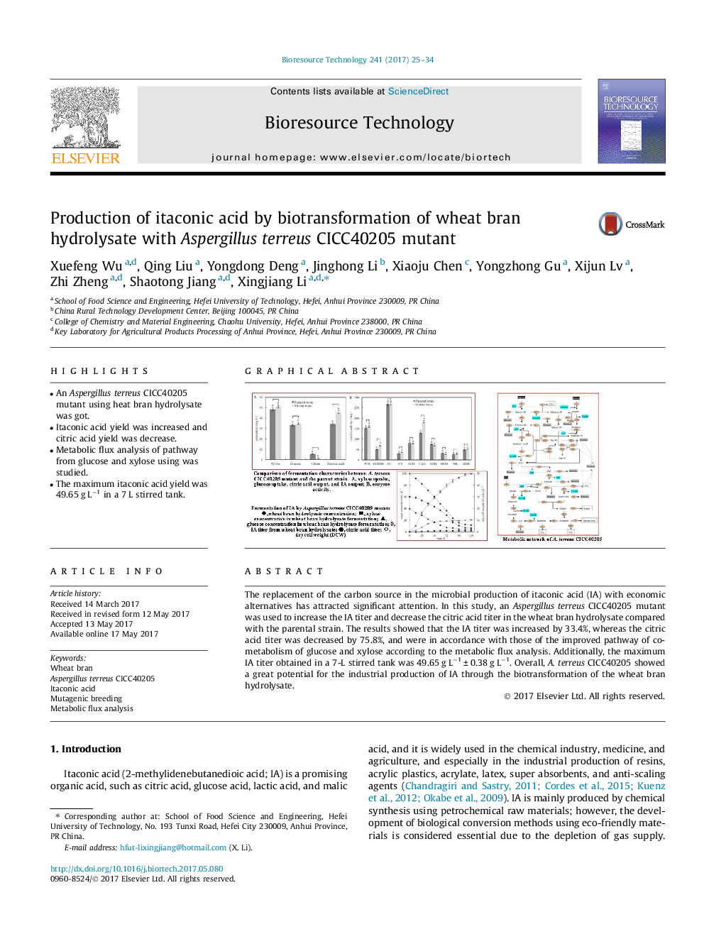 Production of itaconic acid by biotransformation of wheat bran hydrolysate with Aspergillus terreus CICC40205 mutant