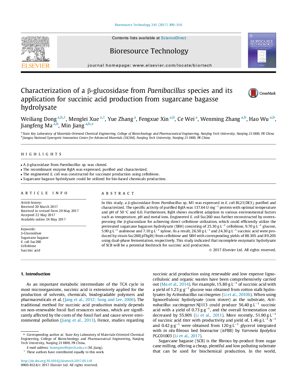 Characterization of a Î²-glucosidase from Paenibacillus species and its application for succinic acid production from sugarcane bagasse hydrolysate