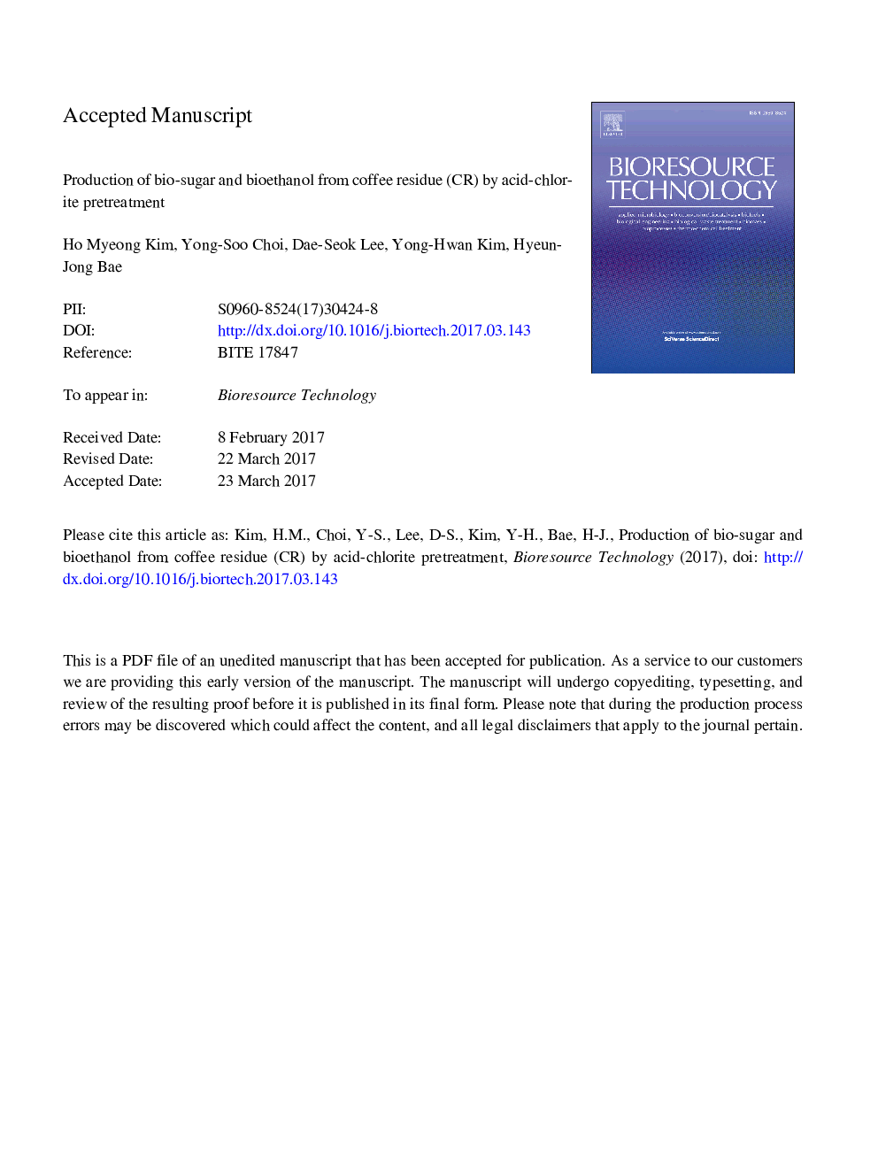 Production of bio-sugar and bioethanol from coffee residue (CR) by acid-chlorite pretreatment