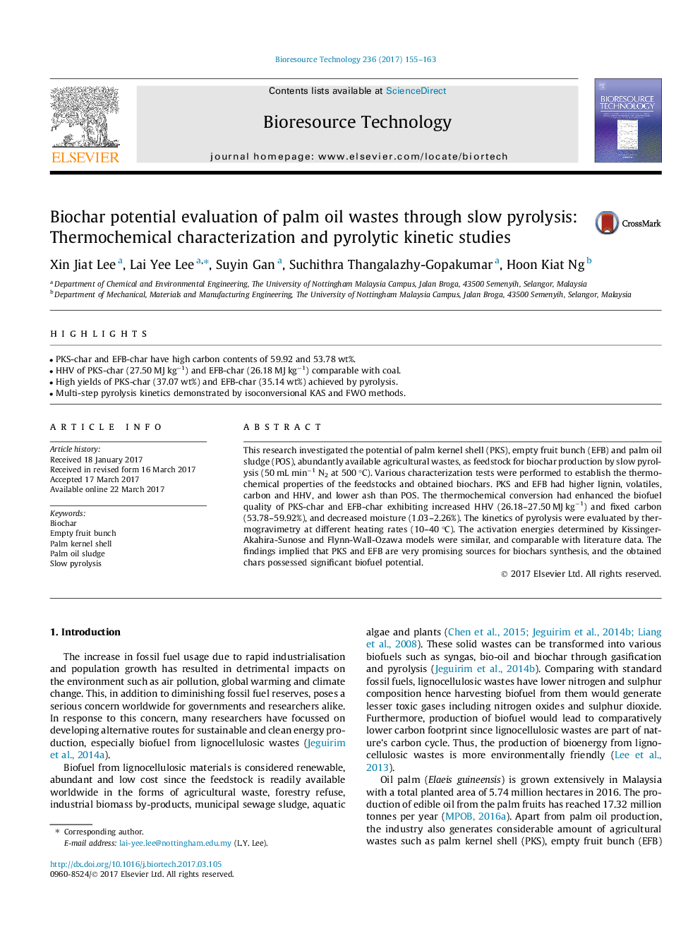 Biochar potential evaluation of palm oil wastes through slow pyrolysis: Thermochemical characterization and pyrolytic kinetic studies