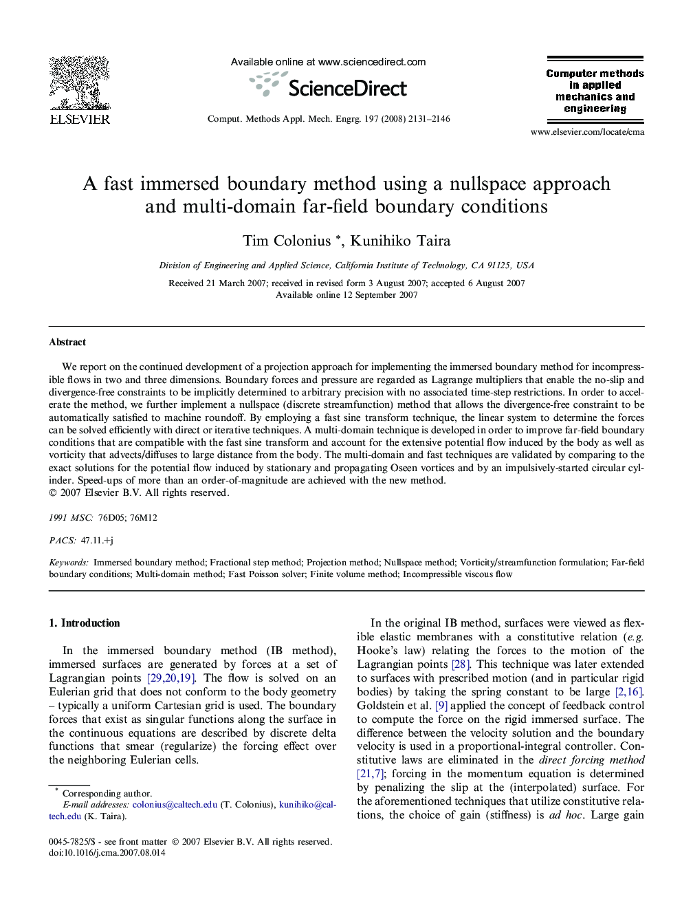 A fast immersed boundary method using a nullspace approach and multi-domain far-field boundary conditions