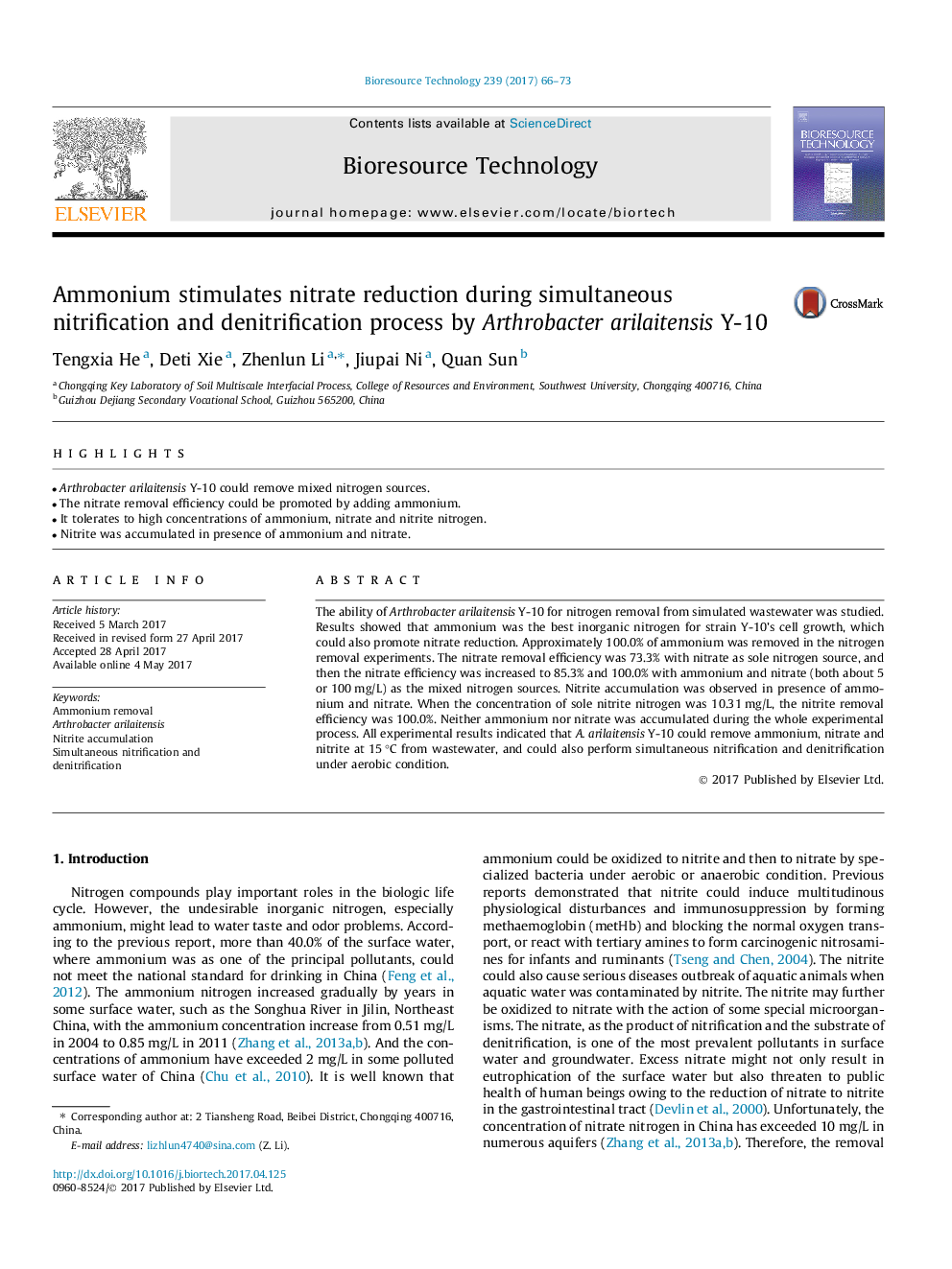 Ammonium stimulates nitrate reduction during simultaneous nitrification and denitrification process by Arthrobacter arilaitensis Y-10