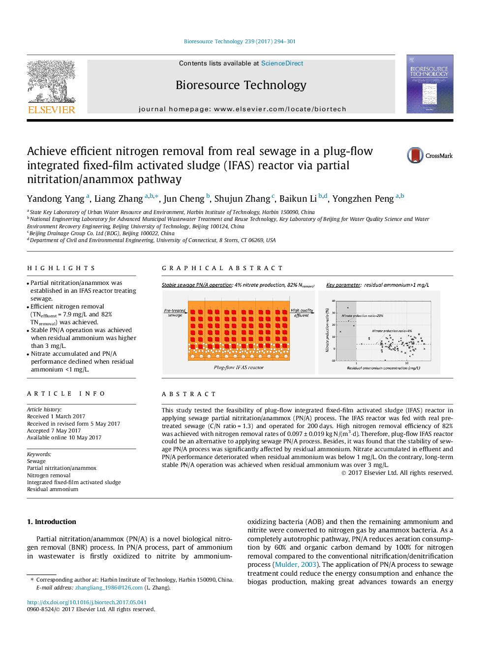 Achieve efficient nitrogen removal from real sewage in a plug-flow integrated fixed-film activated sludge (IFAS) reactor via partial nitritation/anammox pathway