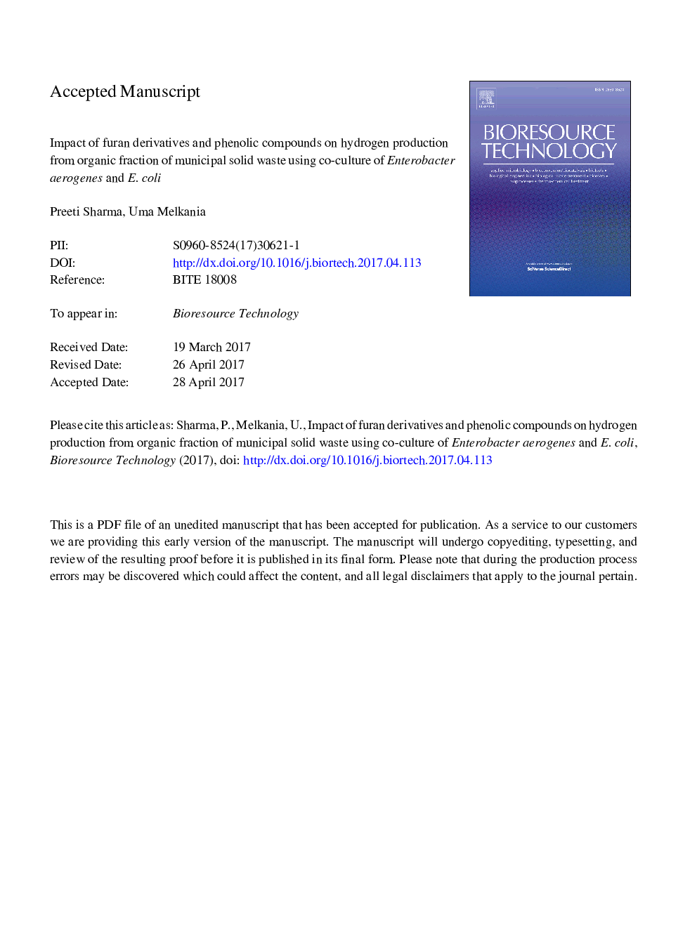 Impact of furan derivatives and phenolic compounds on hydrogen production from organic fraction of municipal solid waste using co-culture of Enterobacter aerogenes and E. coli