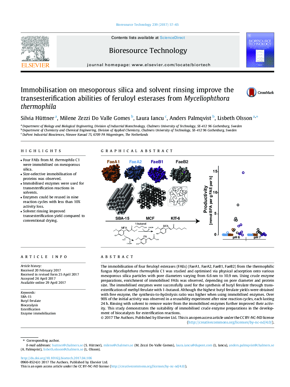 Immobilisation on mesoporous silica and solvent rinsing improve the transesterification abilities of feruloyl esterases from Myceliophthora thermophila