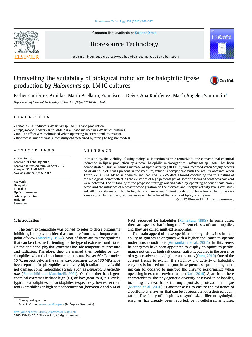 Unravelling the suitability of biological induction for halophilic lipase production by Halomonas sp. LM1C cultures