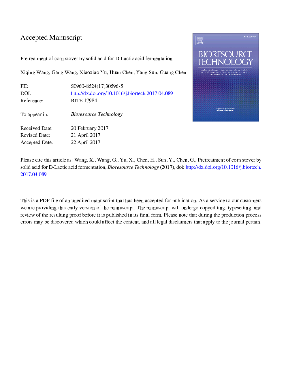 Pretreatment of corn stover by solid acid for d-lactic acid fermentation