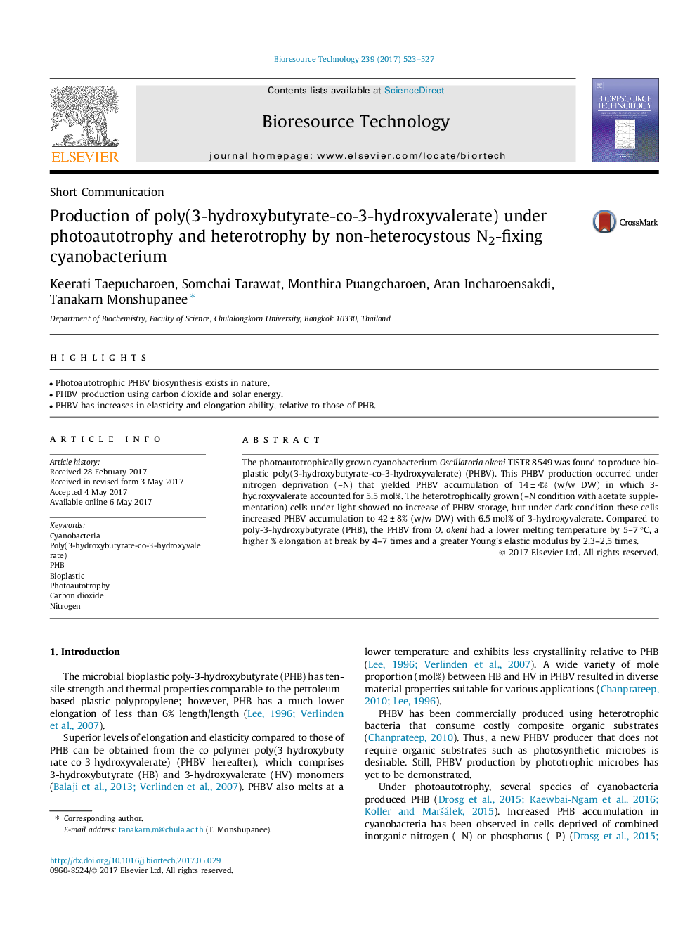 Production of poly(3-hydroxybutyrate-co-3-hydroxyvalerate) under photoautotrophy and heterotrophy by non-heterocystous N2-fixing cyanobacterium