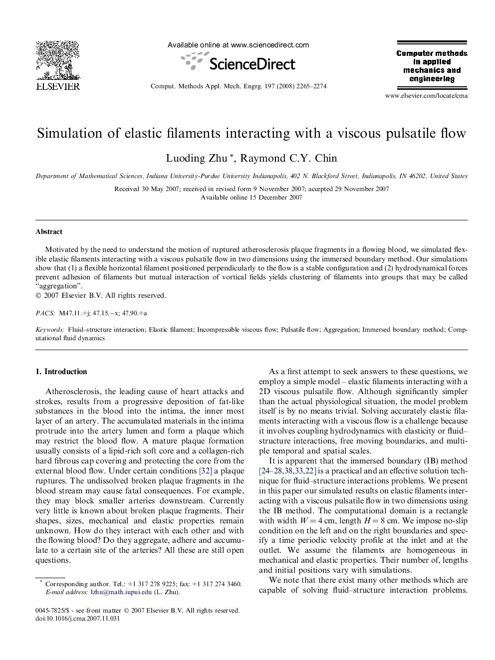 Simulation of elastic filaments interacting with a viscous pulsatile flow