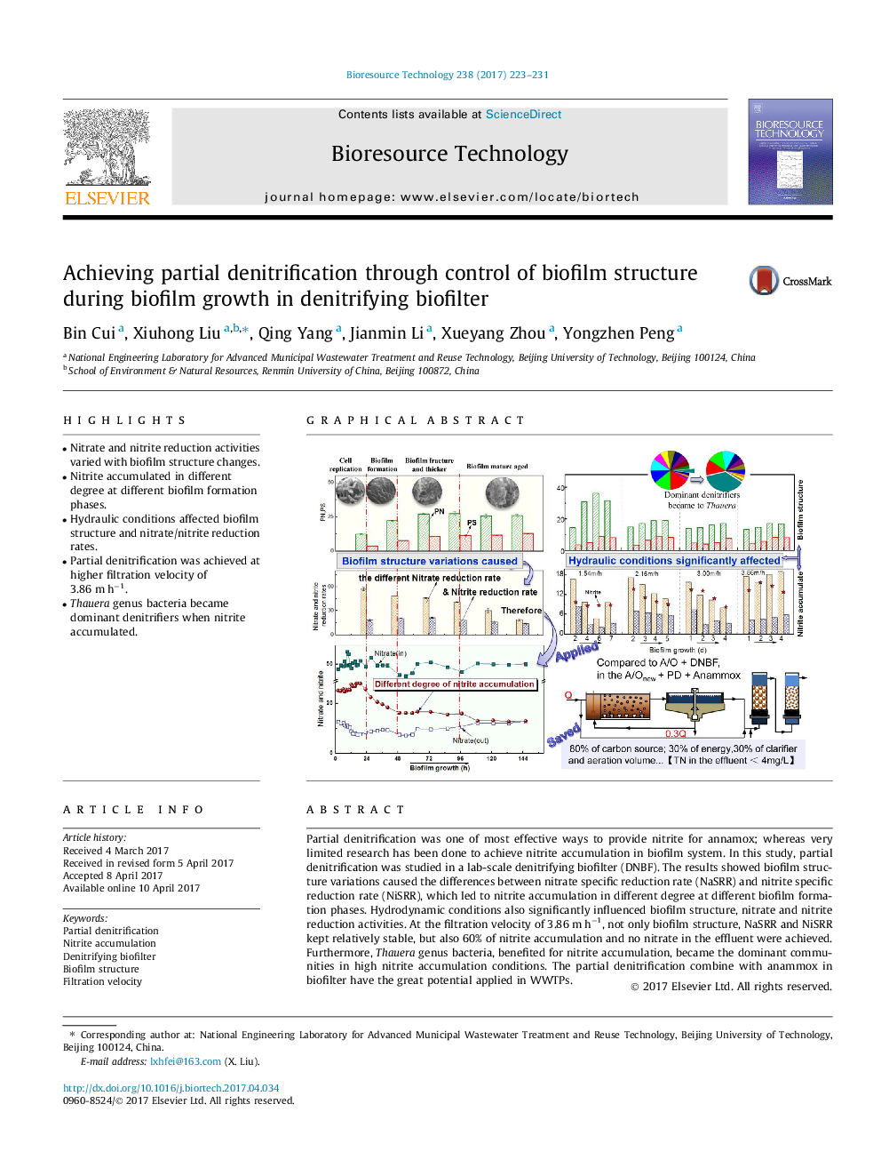 Achieving partial denitrification through control of biofilm structure during biofilm growth in denitrifying biofilter