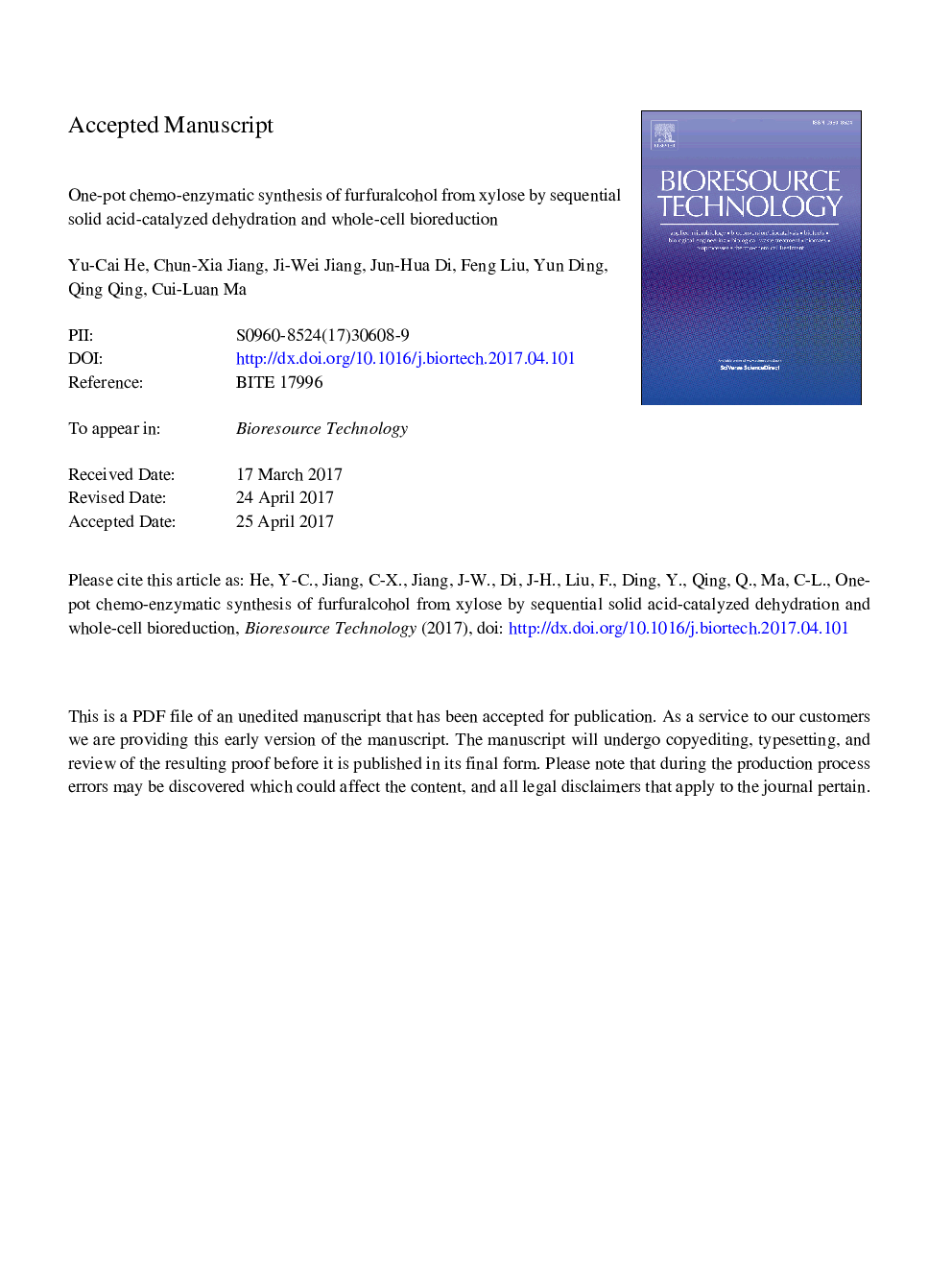 One-pot chemo-enzymatic synthesis of furfuralcohol from xylose