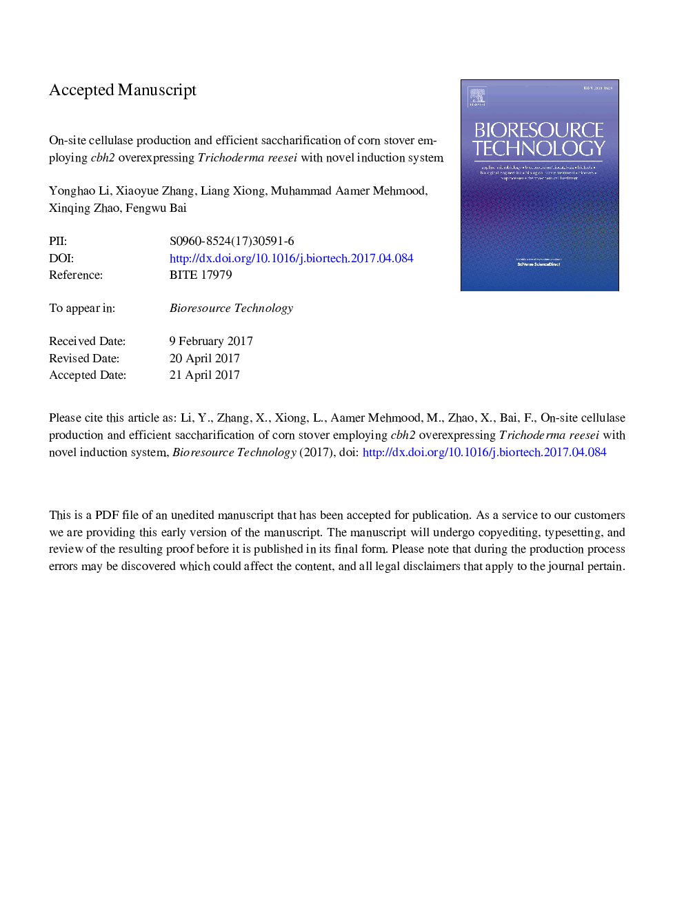 On-site cellulase production and efficient saccharification of corn stover employing cbh2 overexpressing Trichoderma reesei with novel induction system