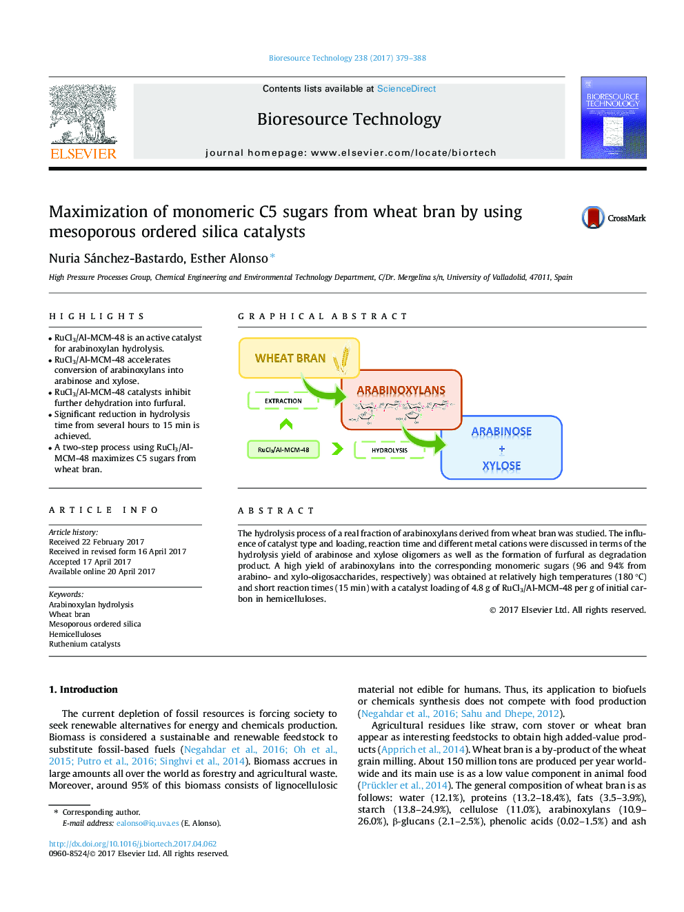 عکس صفحه اول مقاله: Maximization of monomeric C5 sugars from wheat bran by using mesoporous ordered silica catalysts Maximization of monomeric C5 sugars from wheat bran by using mesoporous ordered silica catalysts