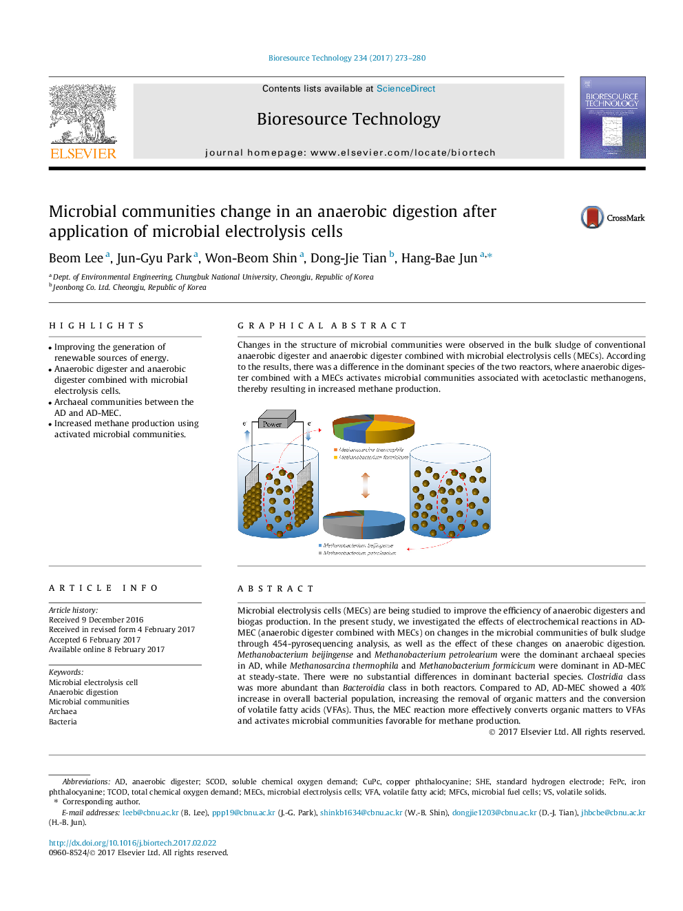 Microbial communities change in an anaerobic digestion after application of microbial electrolysis cells