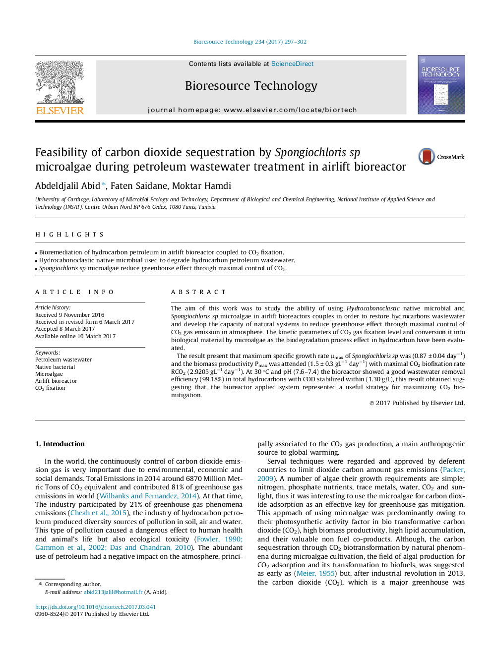 Feasibility of carbon dioxide sequestration by Spongiochloris sp microalgae during petroleum wastewater treatment in airlift bioreactor