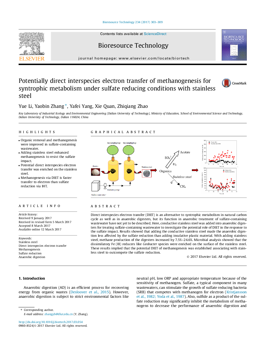 Potentially direct interspecies electron transfer of methanogenesis for syntrophic metabolism under sulfate reducing conditions with stainless steel