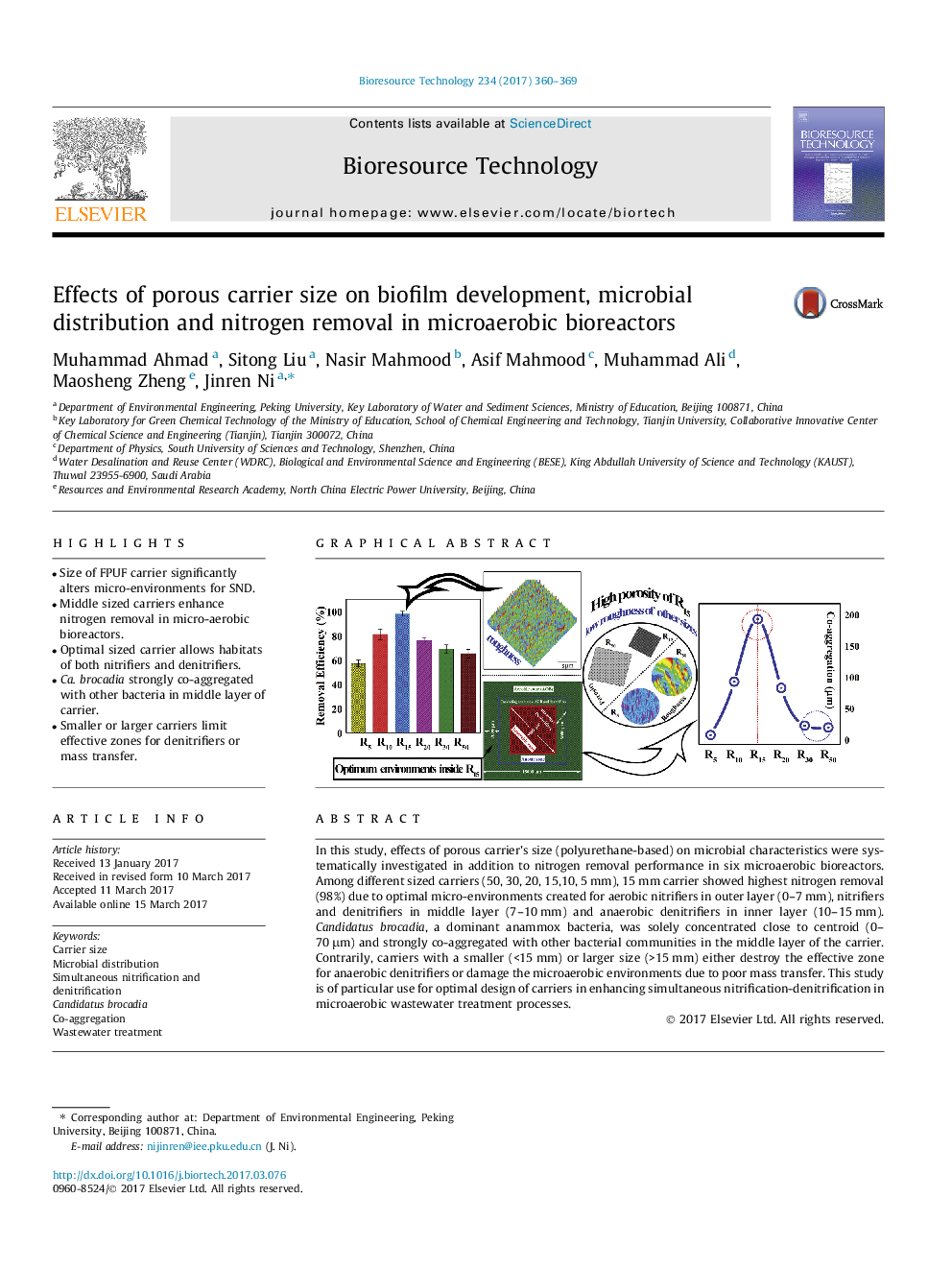 Effects of porous carrier size on biofilm development, microbial distribution and nitrogen removal in microaerobic bioreactors