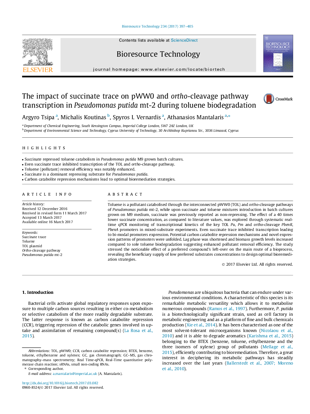 The impact of succinate trace on pWW0 and ortho-cleavage pathway transcription in Pseudomonas putida mt-2 during toluene biodegradation