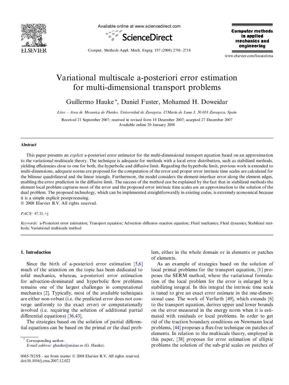 Variational multiscale a-posteriori error estimation for multi-dimensional transport problems