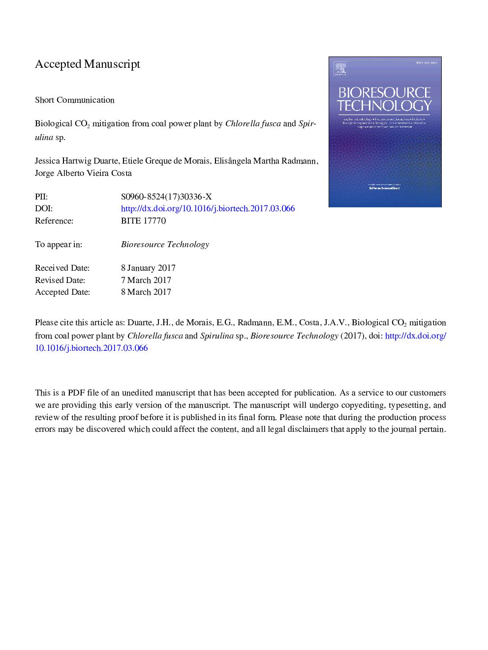 Biological CO2 mitigation from coal power plant by Chlorella fusca and Spirulina sp.