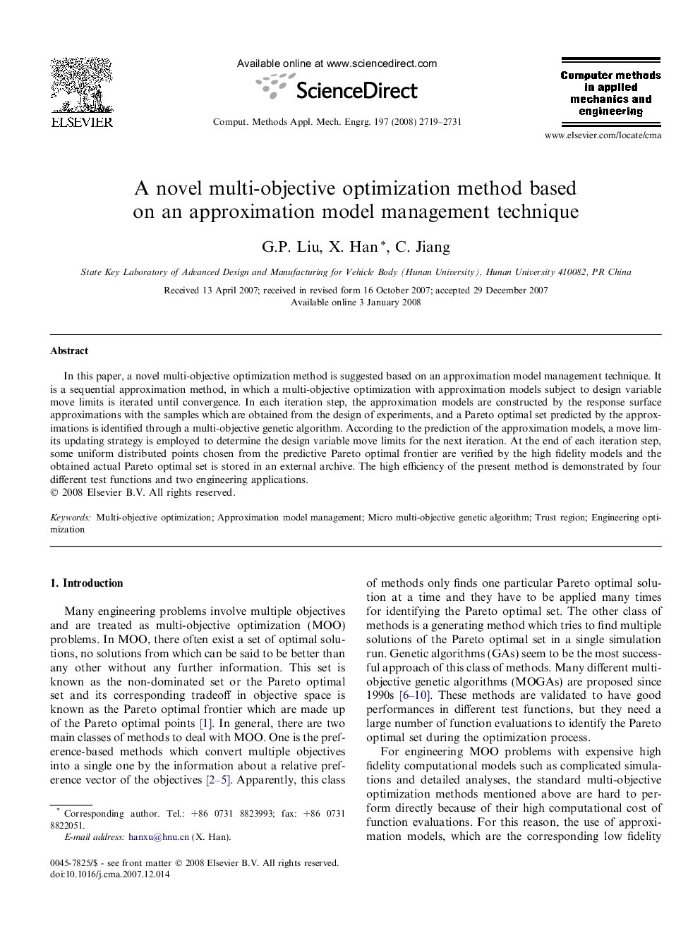 A novel multi-objective optimization method based on an approximation model management technique