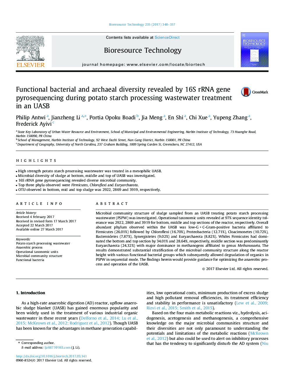 Functional bacterial and archaeal diversity revealed by 16S rRNA gene pyrosequencing during potato starch processing wastewater treatment in an UASB