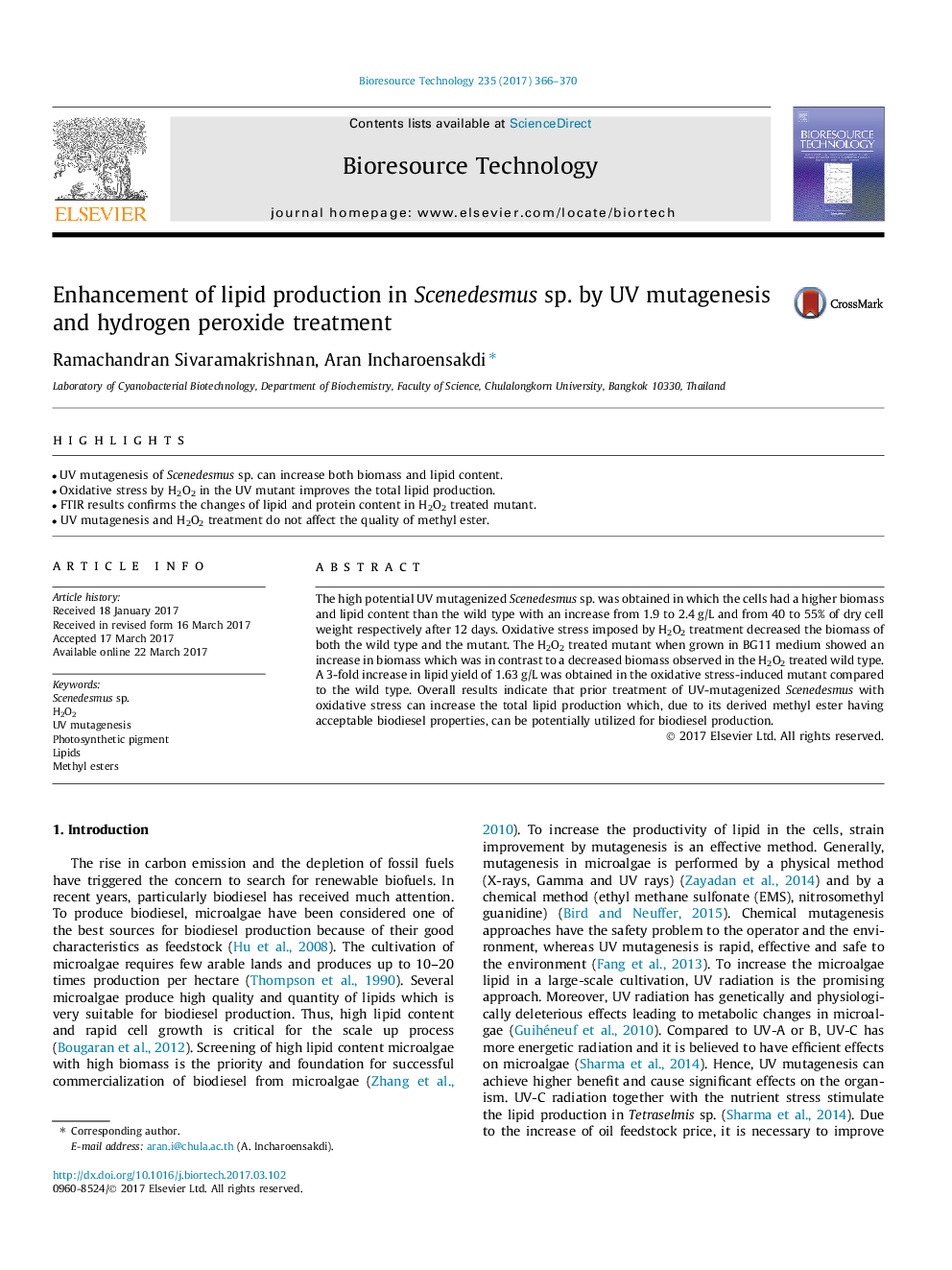 Enhancement of lipid production in Scenedesmus sp. by UV mutagenesis and hydrogen peroxide treatment