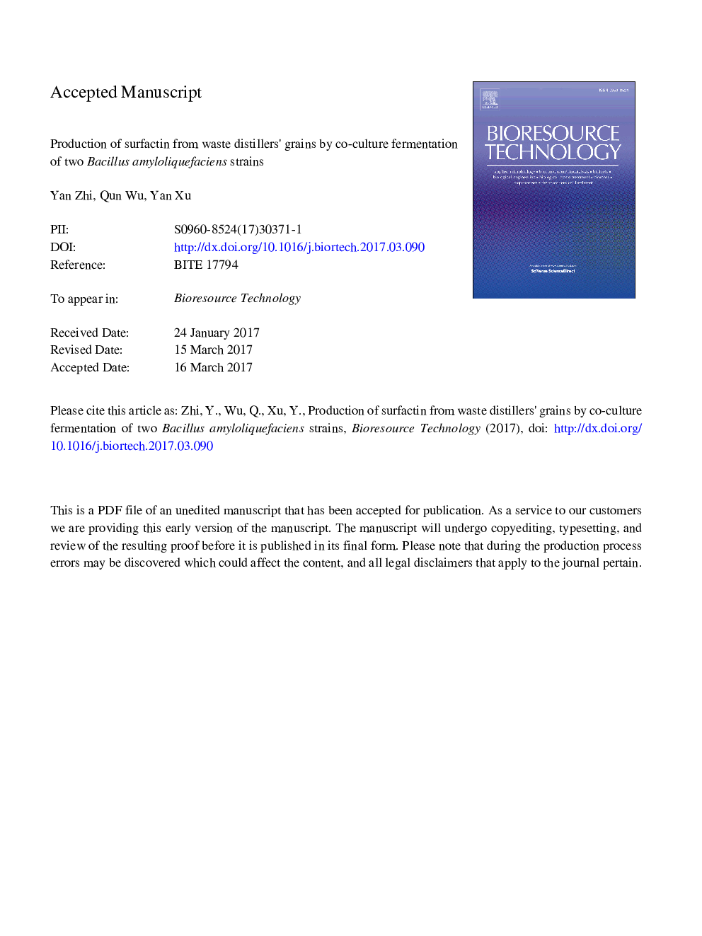 Production of surfactin from waste distillers' grains by co-culture fermentation of two Bacillus amyloliquefaciens strains