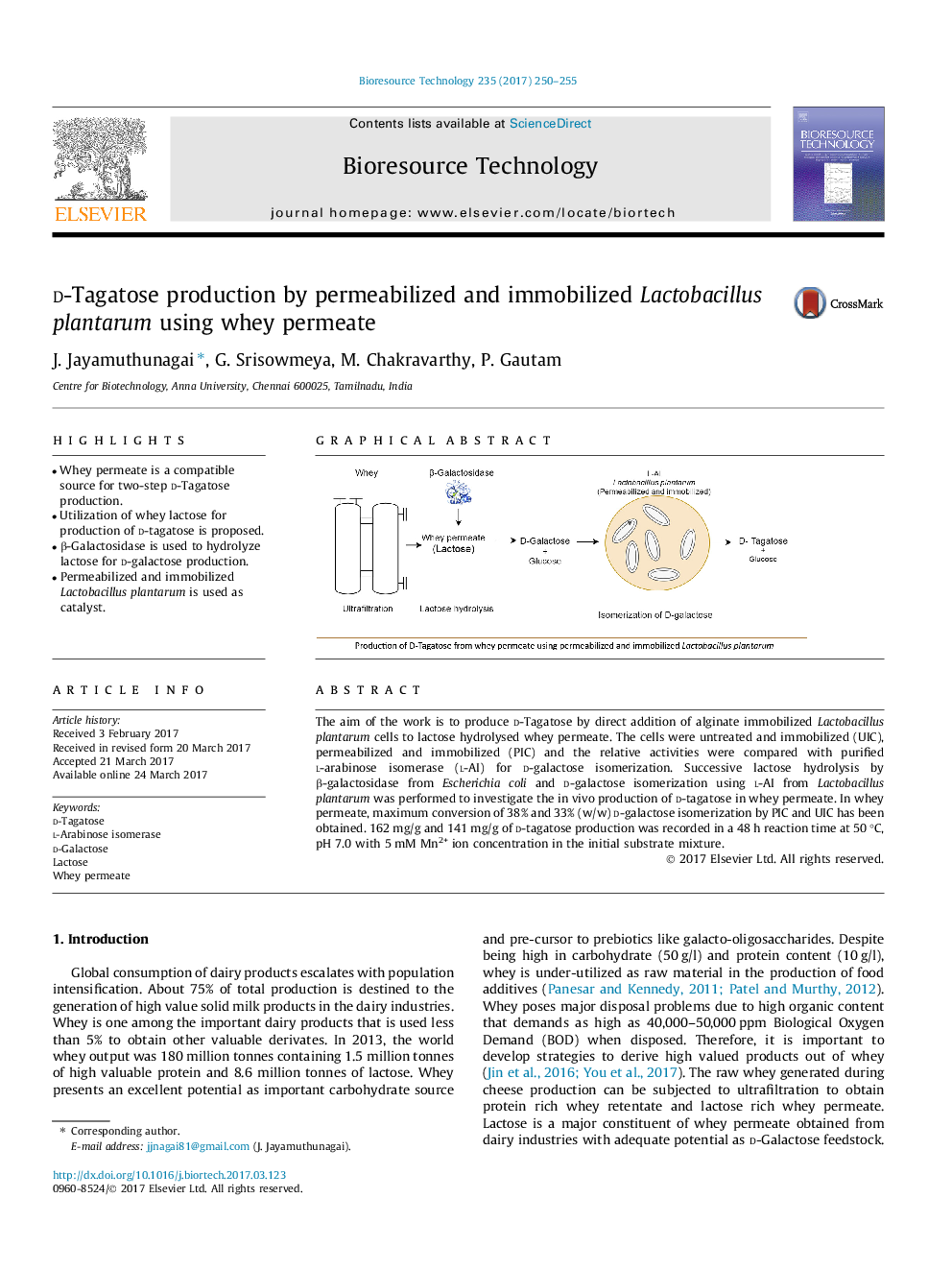 d-Tagatose production by permeabilized and immobilized Lactobacillus plantarum using whey permeate