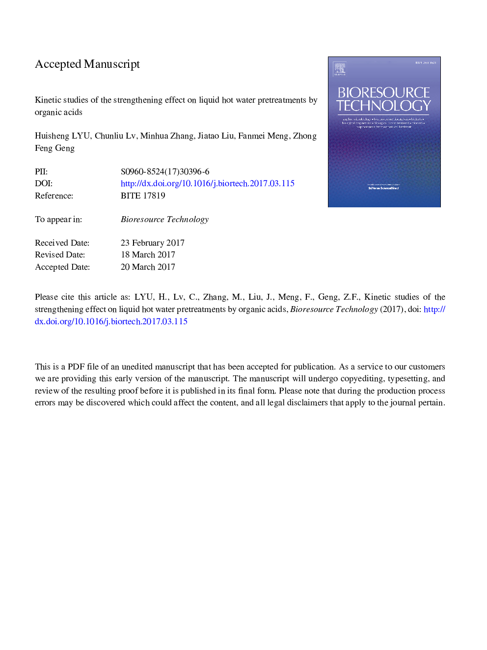 Kinetic studies of the strengthening effect on liquid hot water pretreatments by organic acids