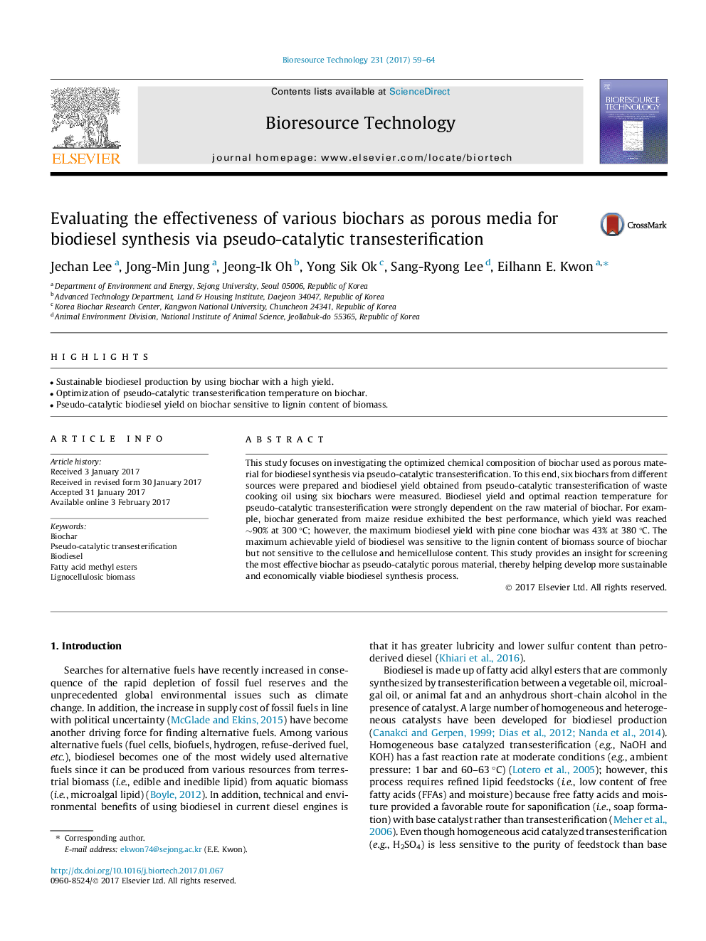 Evaluating the effectiveness of various biochars as porous media for biodiesel synthesis via pseudo-catalytic transesterification