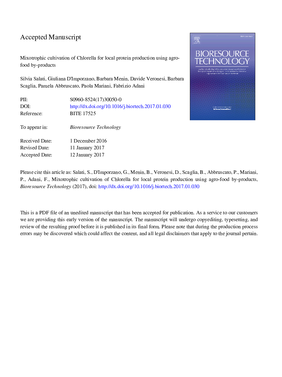 Mixotrophic cultivation of Chlorella for local protein production using agro-food by-products