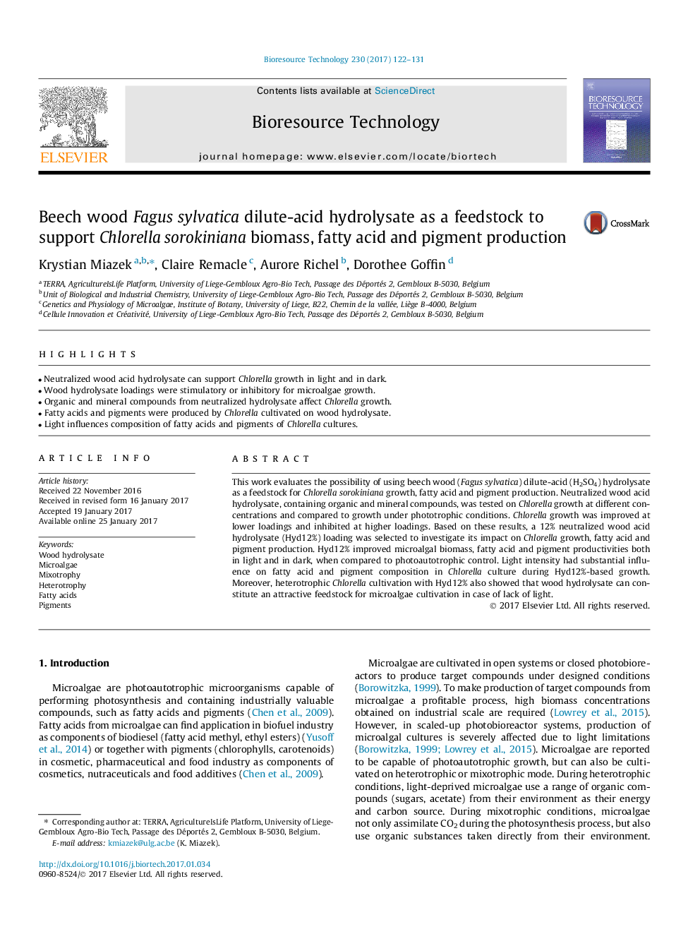 Beech wood Fagus sylvatica dilute-acid hydrolysate as a feedstock to support Chlorella sorokiniana biomass, fatty acid and pigment production